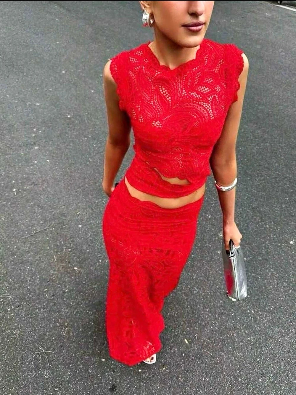 Red Lace Maxi Skirt Set